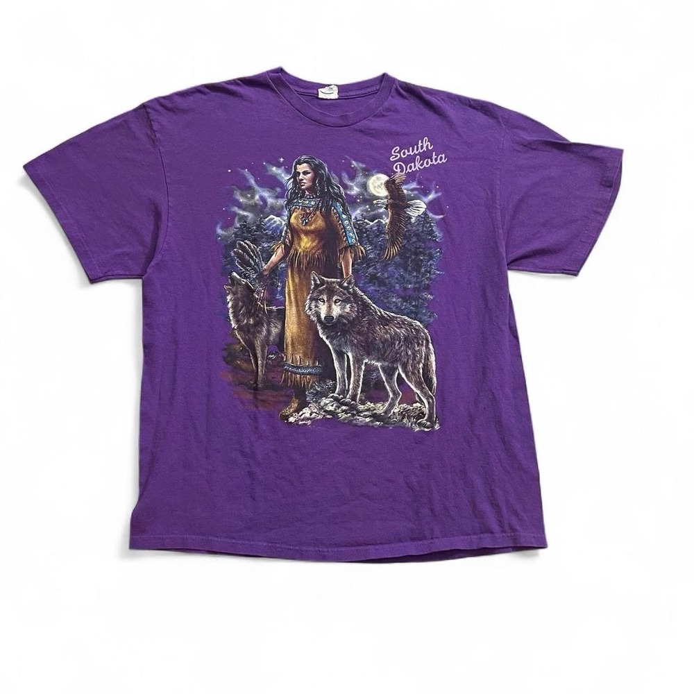 South Dakota Wolf Native American Short Sleeve T-Shirt Size XXL Purple Y2K